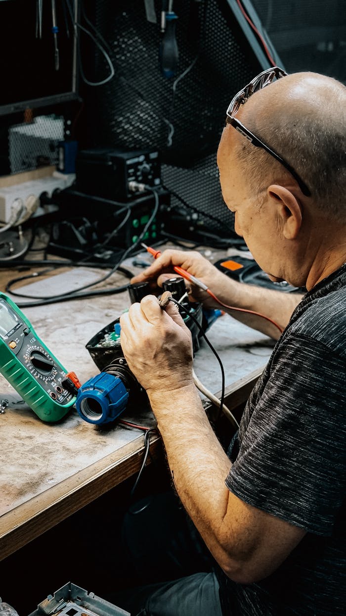 Services A dedicated senior technician meticulously working on electronic repairs at a workshop.