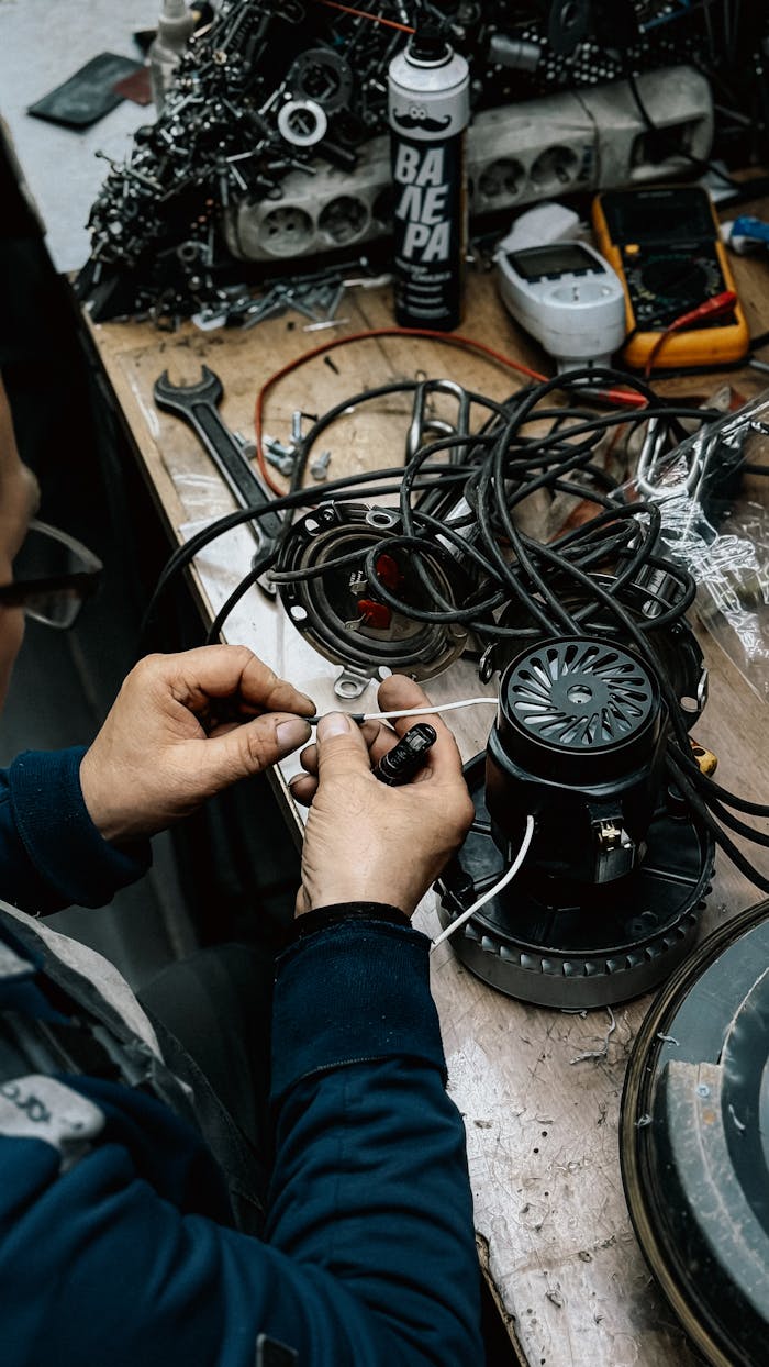 An adult technician working on repairing electrical equipment in a workshop setting.